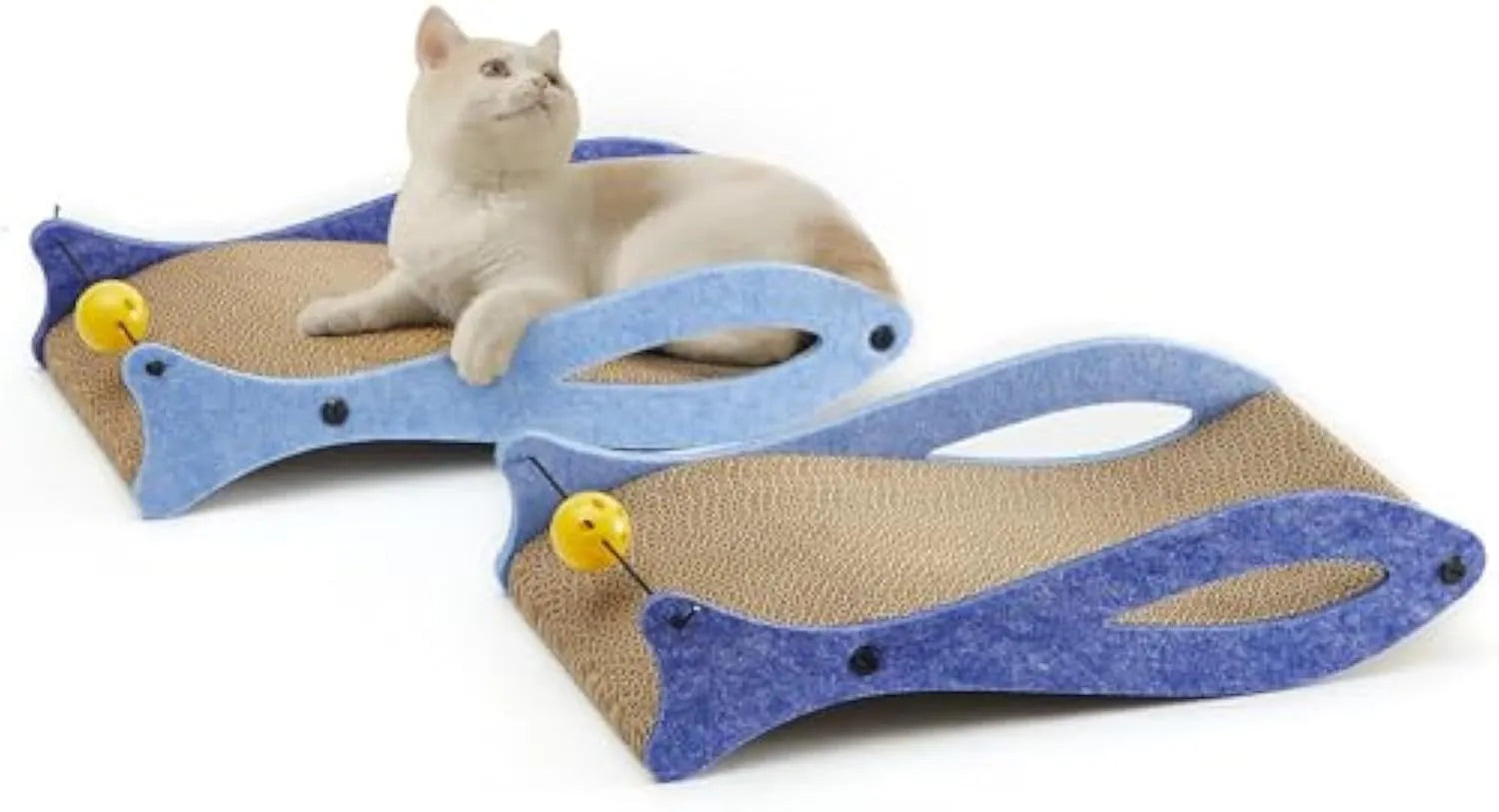 Blue fish-shaped cardboard cat scratcher lounger with a dangling bell toy for indoor cats.