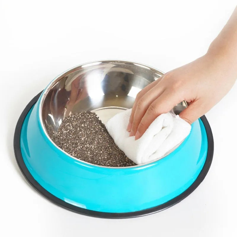 Stainless steel and colourful melamine dual-piece pet bowl with non-slip rubber base.