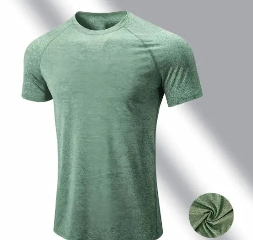 Men's grey quick-dry polyester short sleeve running t-shirt on a hanger.