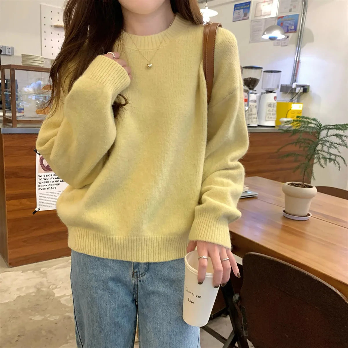 Korean style soft glutinous loose drop-shoulder sleeve sweater in candy colour, solid pattern with wavy elements, acrylic fibre
