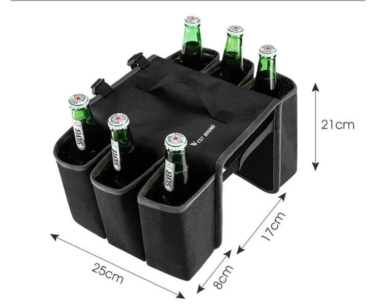 Black and blue orange bicycle double-sided drink storage bag with 2L capacity mounted on a bike rack.