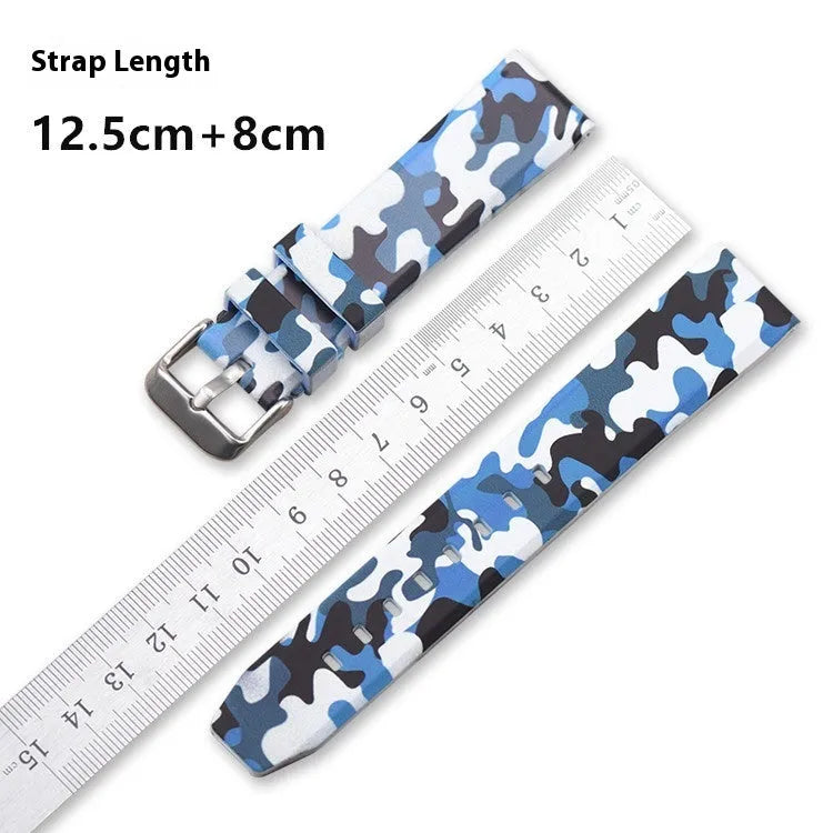 Blue, green, and grey camouflage patterned silicone watch strap shown in 20mm, 22mm, and 24mm width options.