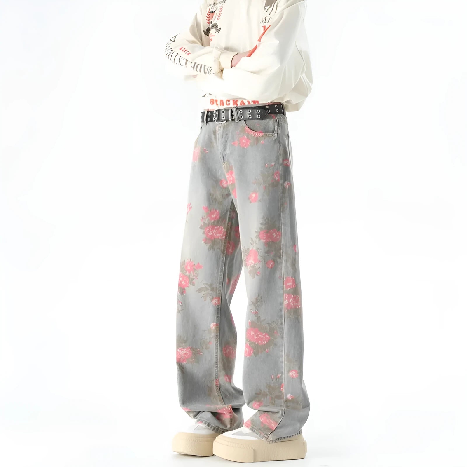 Men's blue peony jacquard washed loose jeans with mid waist and zipper fly