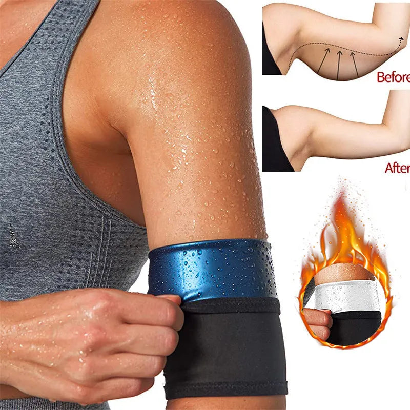 Adjustable arm sweatband with hook-and-loop strap in blue, shown on an arm during exercise.