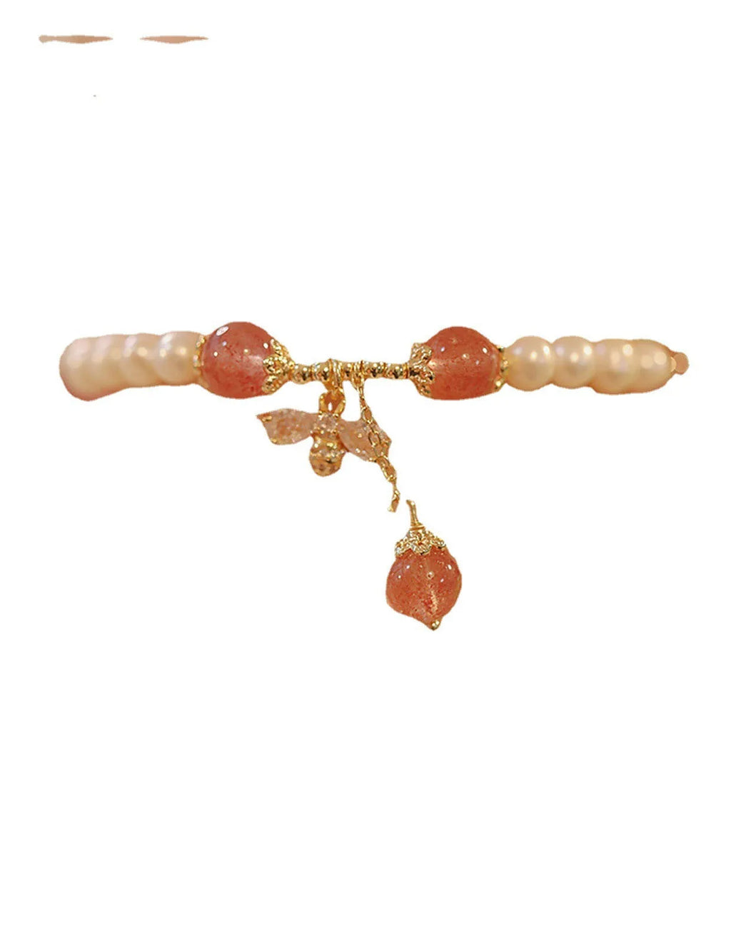 Handmade women's strawberry quartz crystal bracelet with a decorative bow clasp.