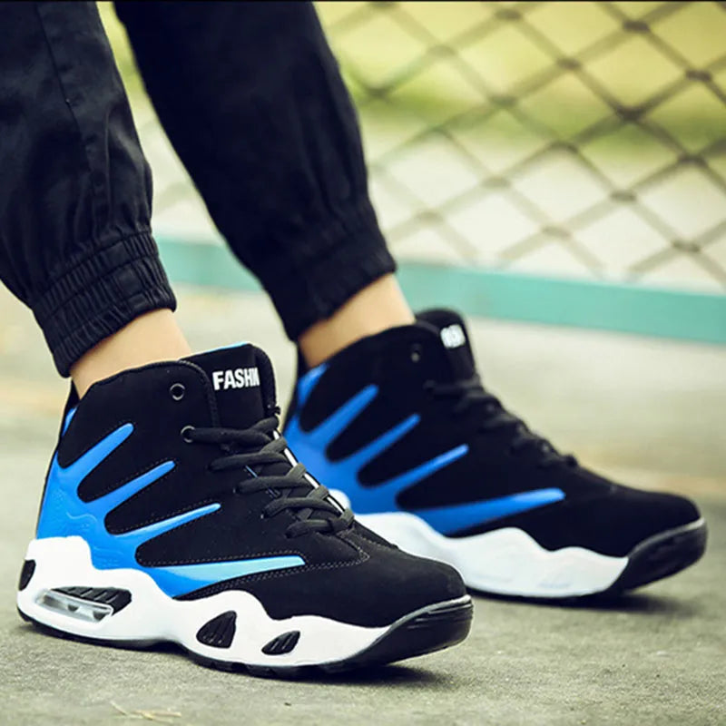 Men's high-top basketball shoes with jute upper, Zoom Air cushioning and wear-resistant outsole, in blue.