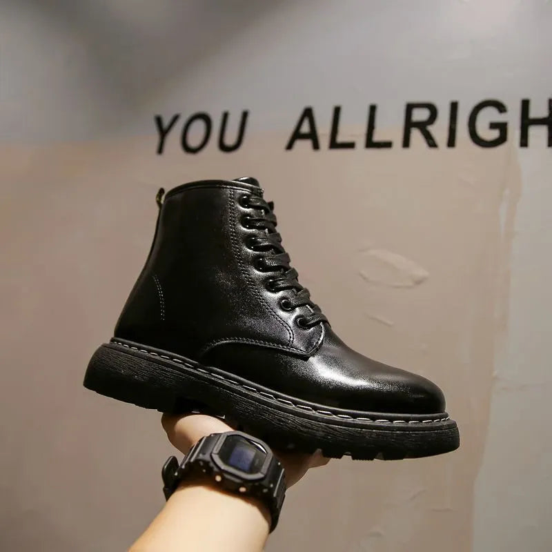 Men's black frosted leather platform ankle boots with a side zip and high-top design.