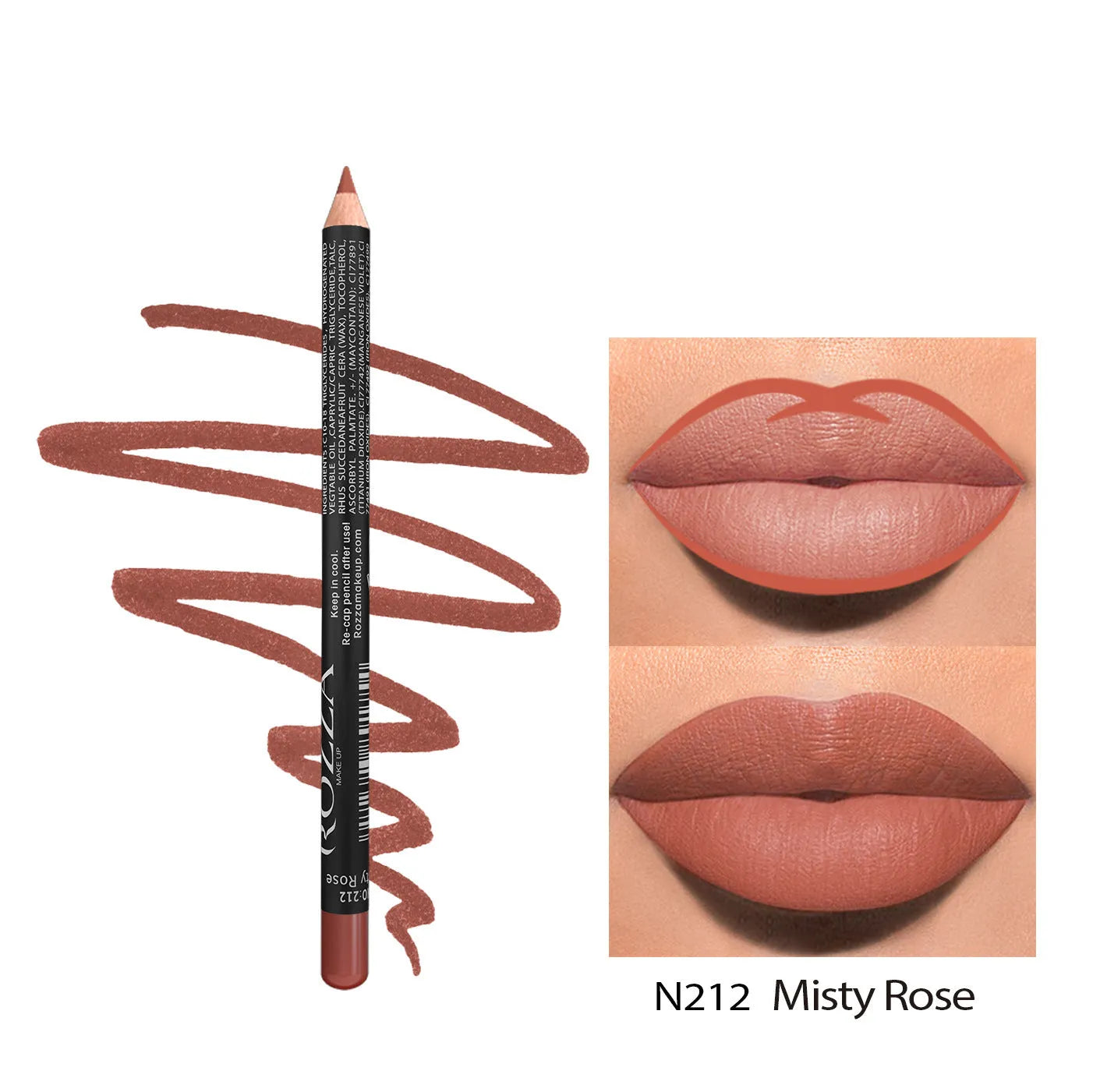 Matte finish lip liner pencil in wooden tone showing waterproof 24-hour formula