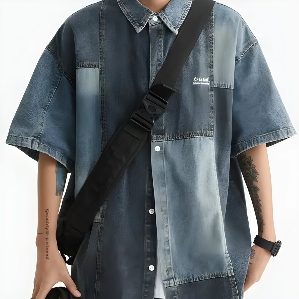 Blue Japanese-style retro denim shirt with washed stitching details in loose cardigan fit