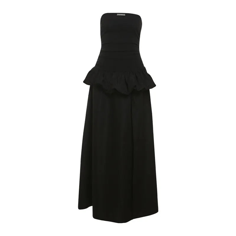 New women's solid colour black high waist off-neck split dress with A-line silhouette