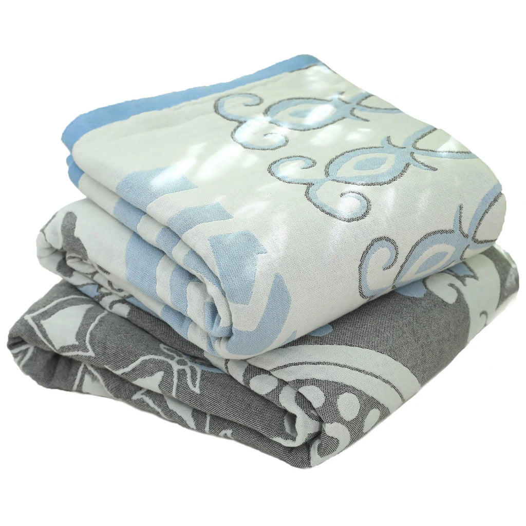 Pure cotton washed five layers towel blanket with floral pattern in blue, two sizes available