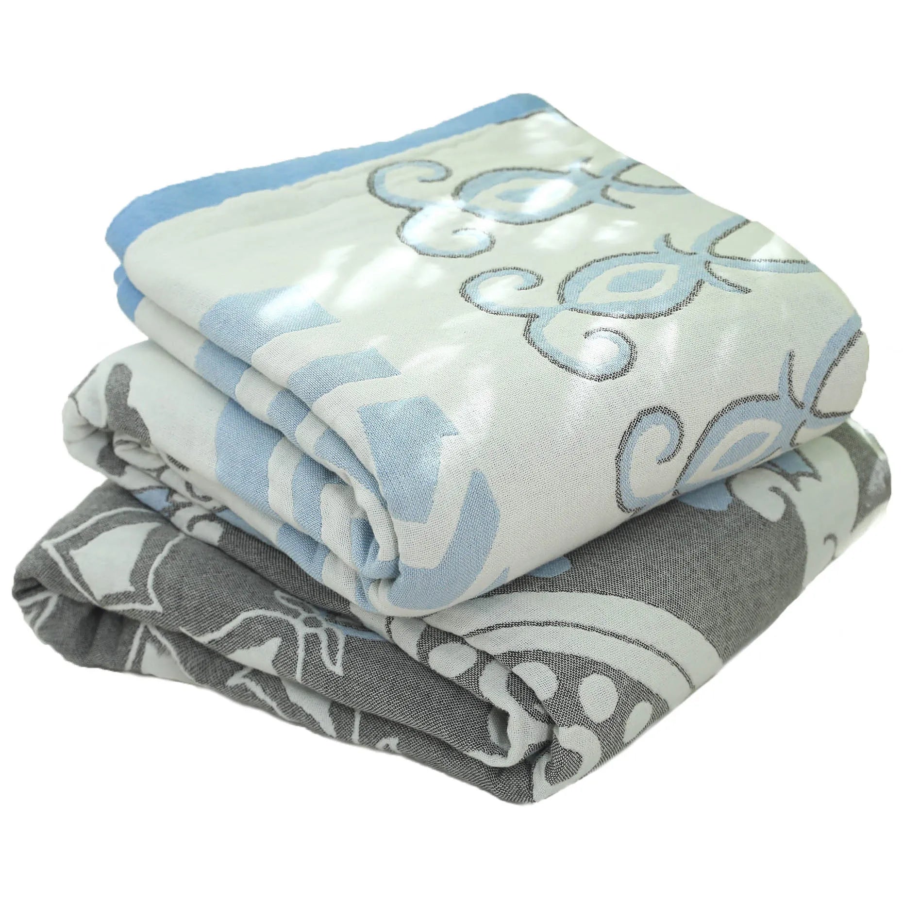 Pure cotton washed five layers towel blanket with floral pattern in blue, two sizes available
