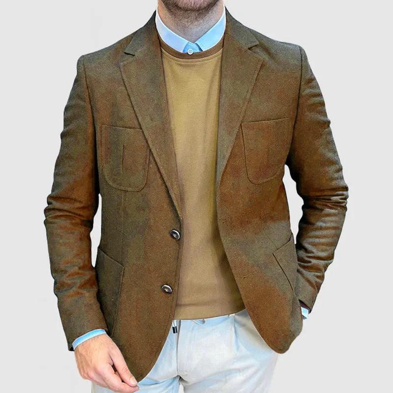 Man wearing a loose-fit army green cotton retro suit jacket, showing front and side details.