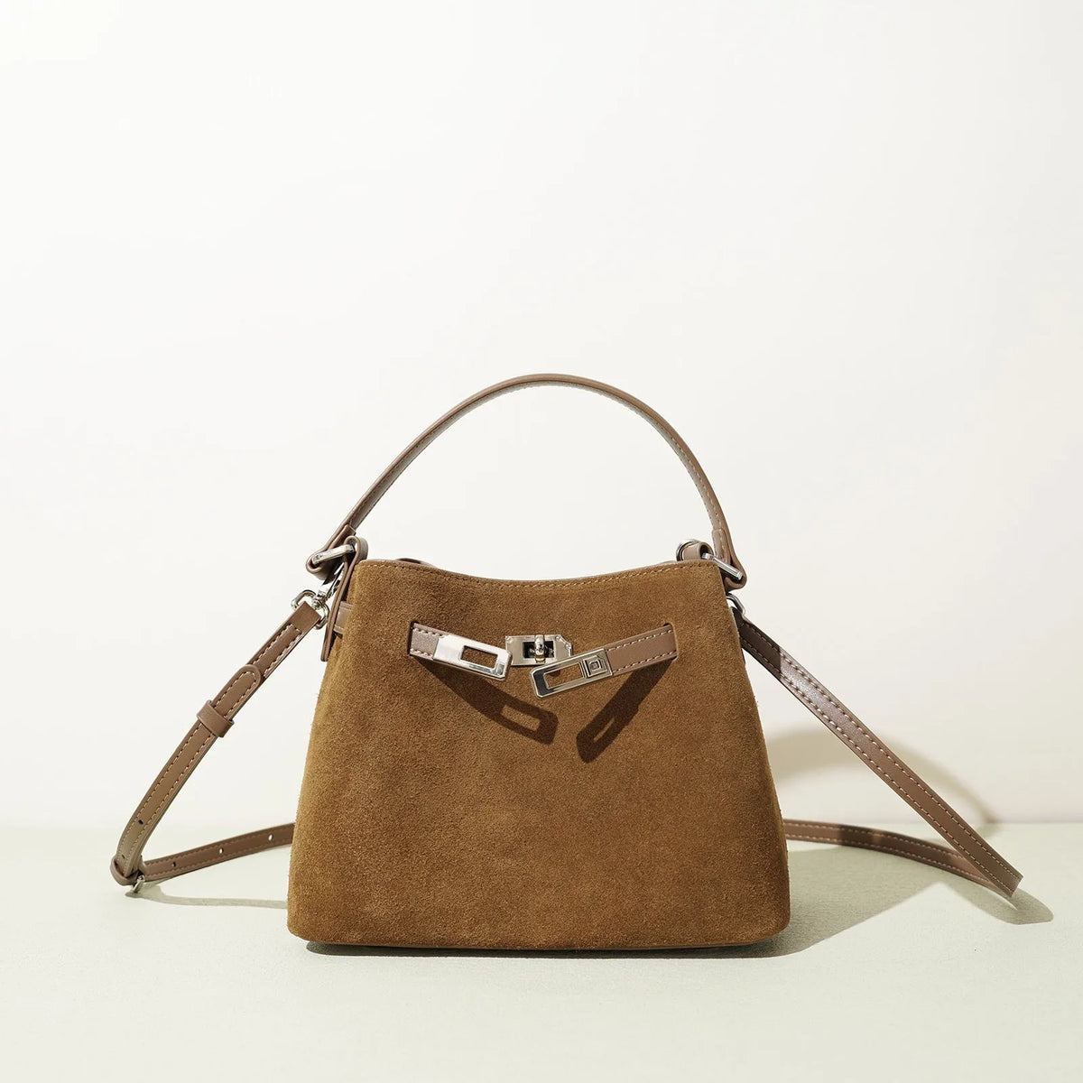 Cortical women's spliced casual crossbody bag in genuine suede leather, vertical square shape, calf brown