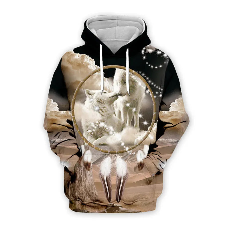 Men's loose fit digital print polyester hoodie with 3D effect pattern, long sleeves, hooded
