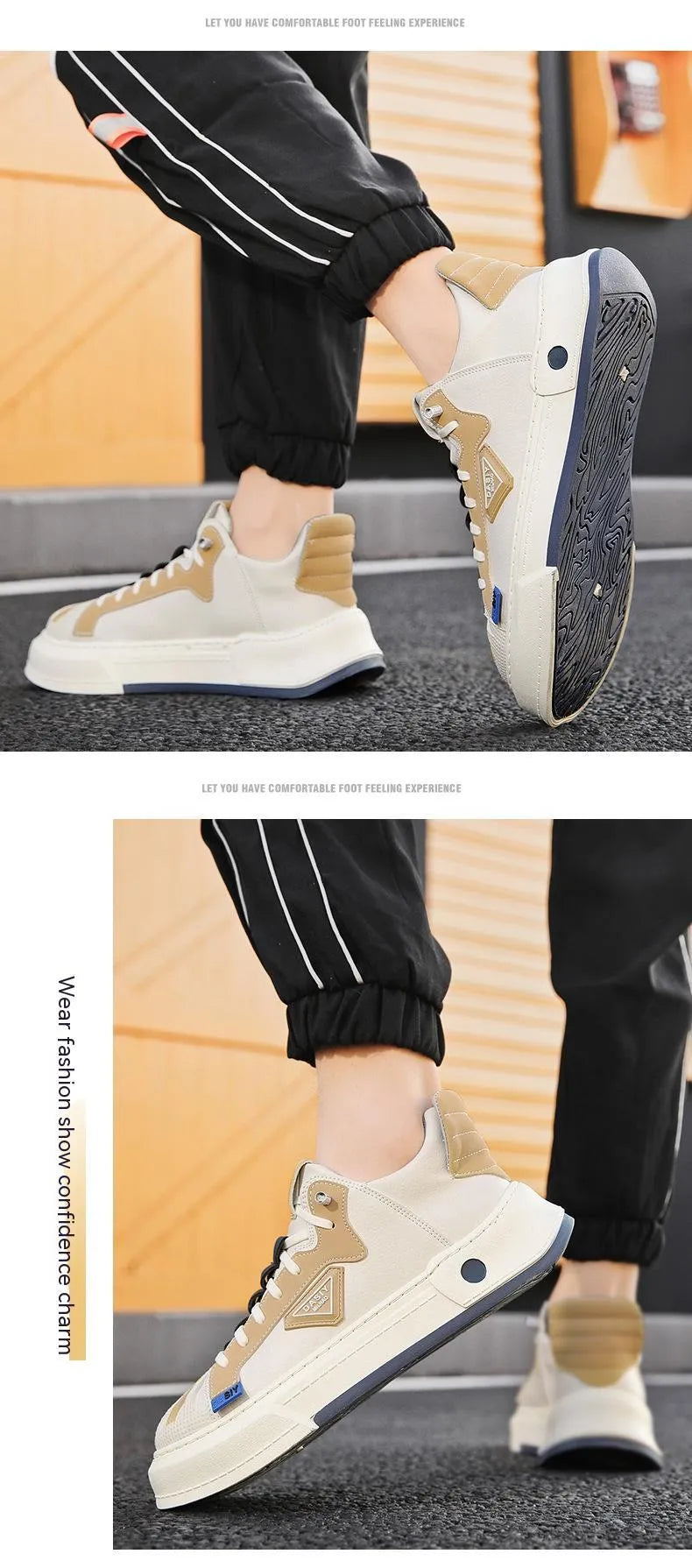 Men's beige low-top casual slip-on shoes with elastic band and leather stitching.
