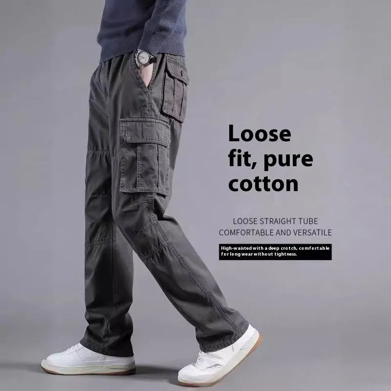 Men's multi-pocket 100% cotton cargo pants in khaki, mid waist with zipper fly, size M-5XL