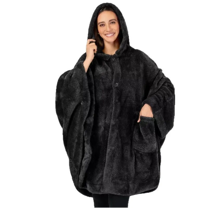 A hooded, long sleeve bathrobe in a cardigan style, shown in a solid colour.