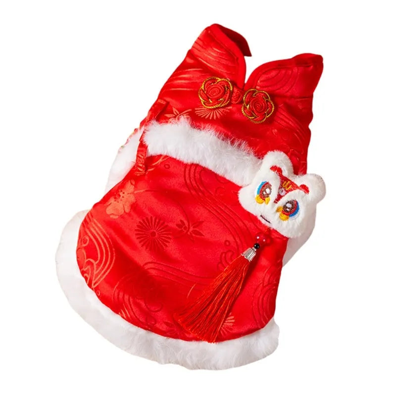 Red lion dance Tang suit pet vest with 3D lion head, tassel, and golden knot buttons for small dogs and cats.