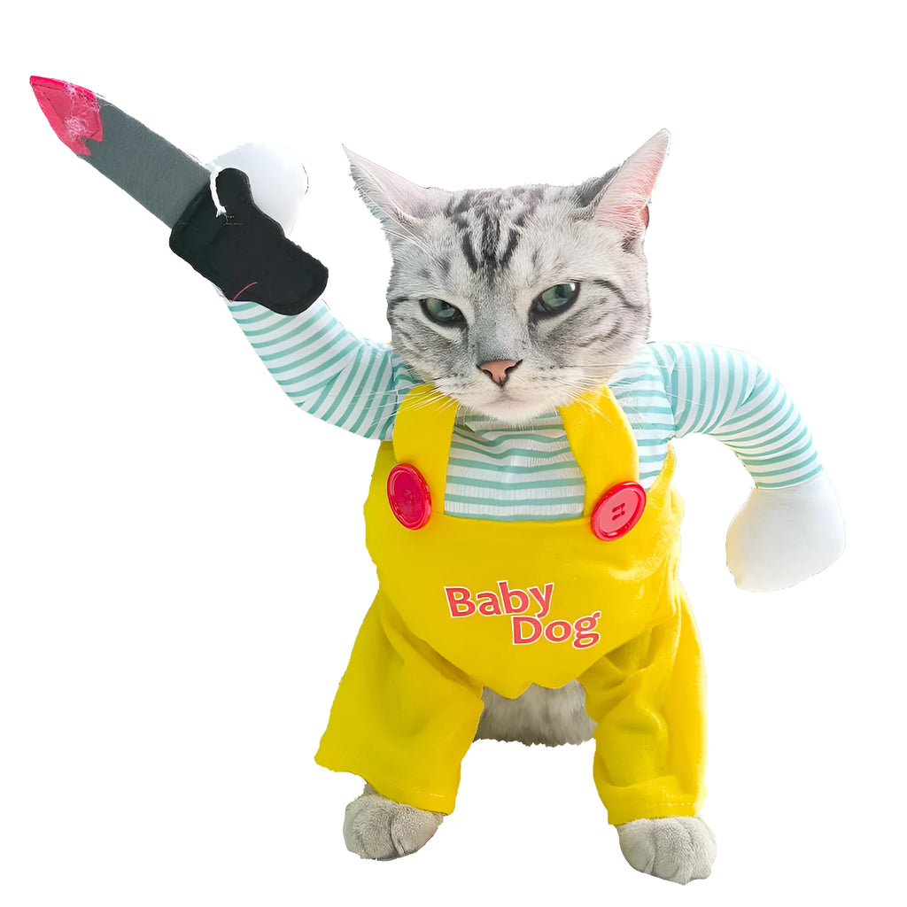 Yellow sword design cat costume in polyester, shown in S, M, L, and XL sizes.