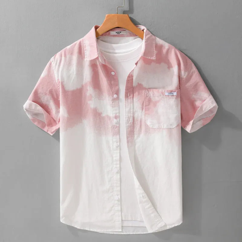Men's light pink pure cotton short-sleeved shirt with loose cardigan style fit