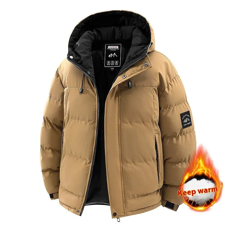 Men's hooded thickened cold-proof coat with polyester filling in black, front view, loose fit
