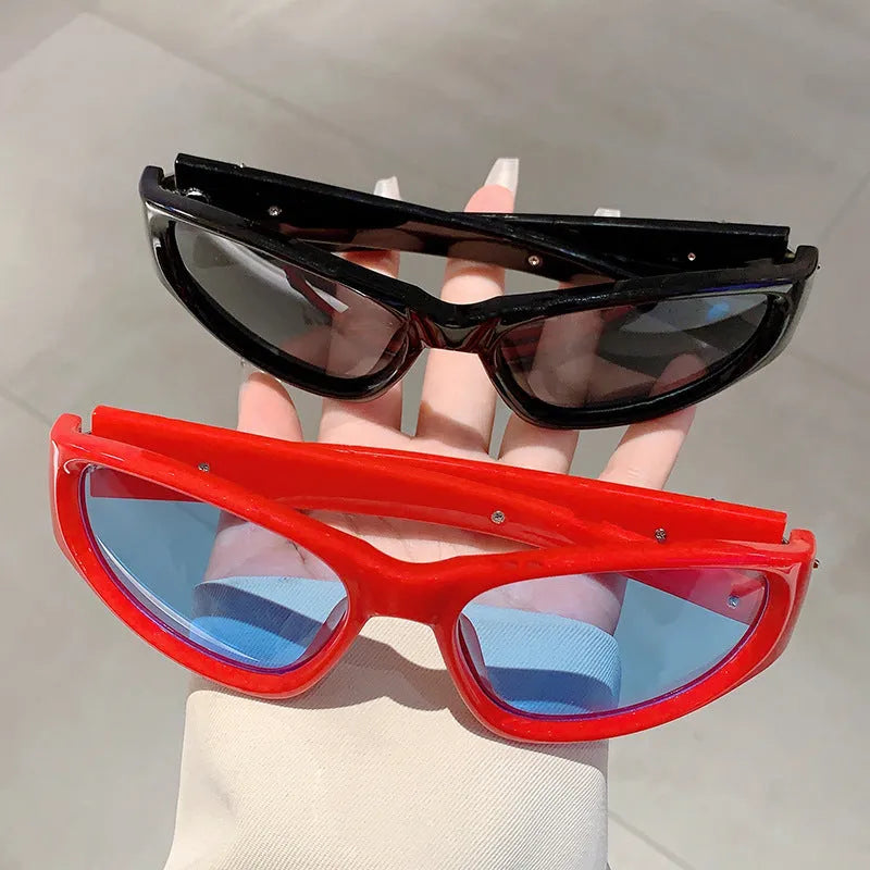 Special-shaped black frame sunglasses with blue polycarbonate lenses for outdoor sports.