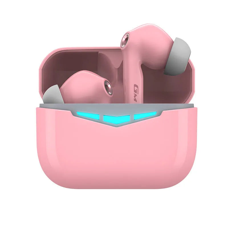 Black true wireless gaming earbuds and charging case on a grey background, showing the in-ear design.