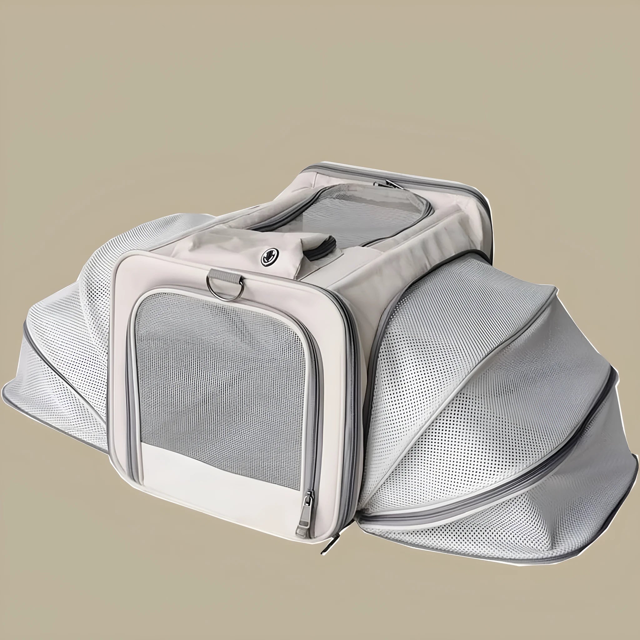Oxford cloth cat carrier bag in beige extendable style on light background
