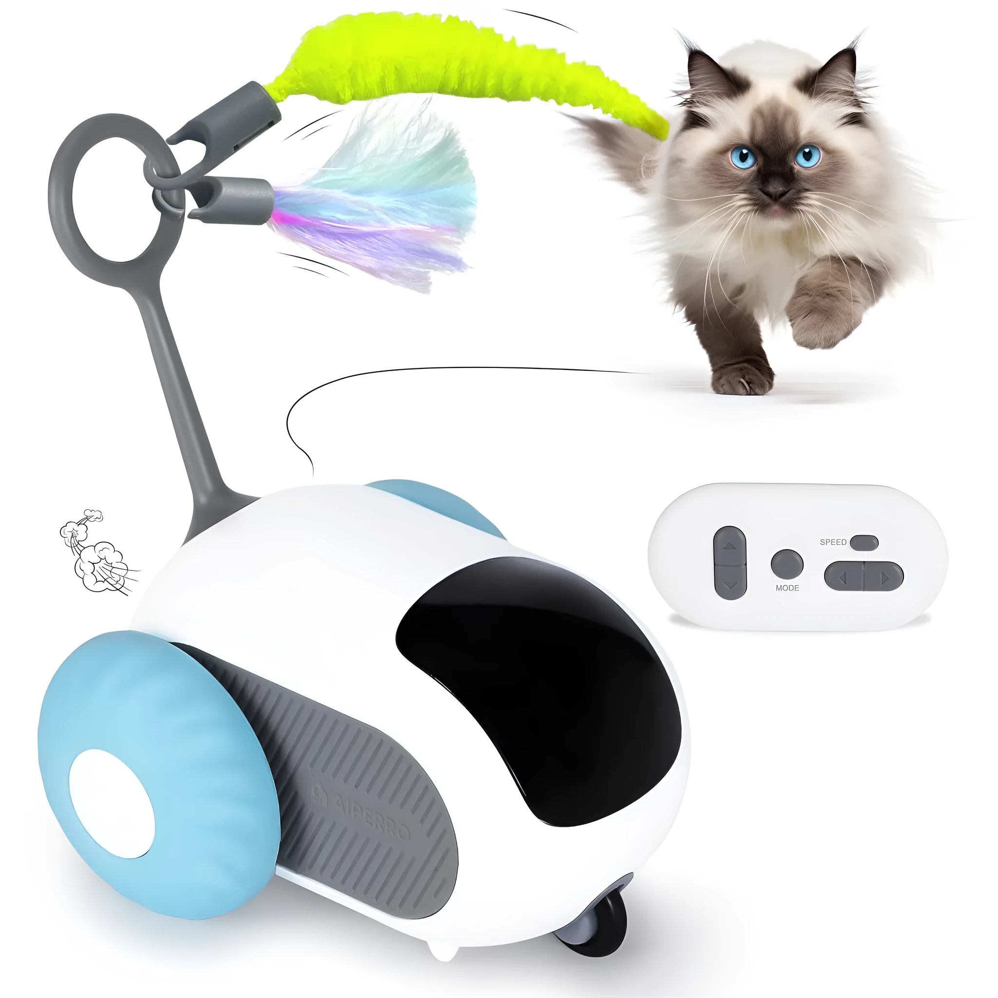 Blue and orange smart remote control cat toy car with feather teaser attachment on a home floor.