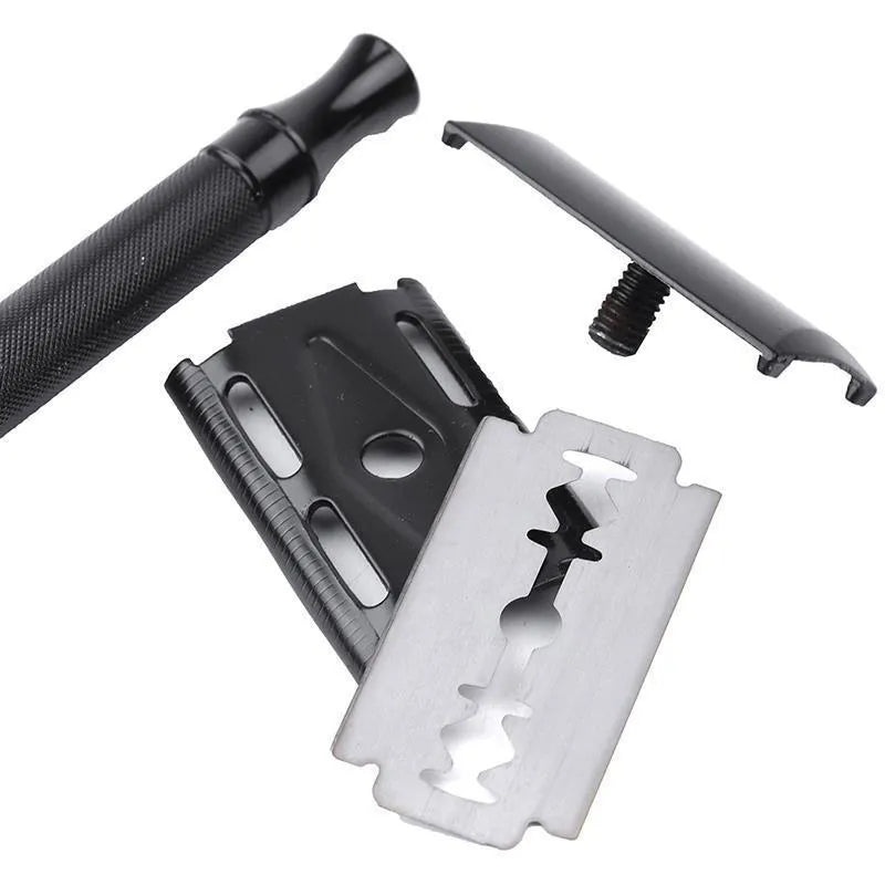 Traditional manual shaving razor scraper with brush combination set in black or silver colour