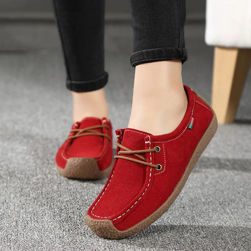 Women's lace-up flat shoes with frosted upper, rubber sole, round toe, and front-tie fastening