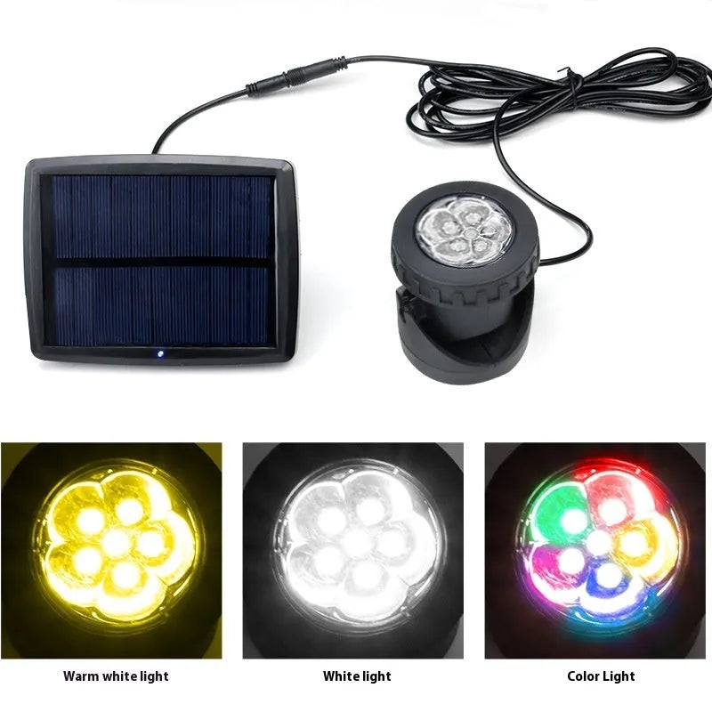 Solar IP68 underwater lamp for water landscape and courtyard pond, available in white, warm white, or colourful light with small, large, or 5W solar panel options.