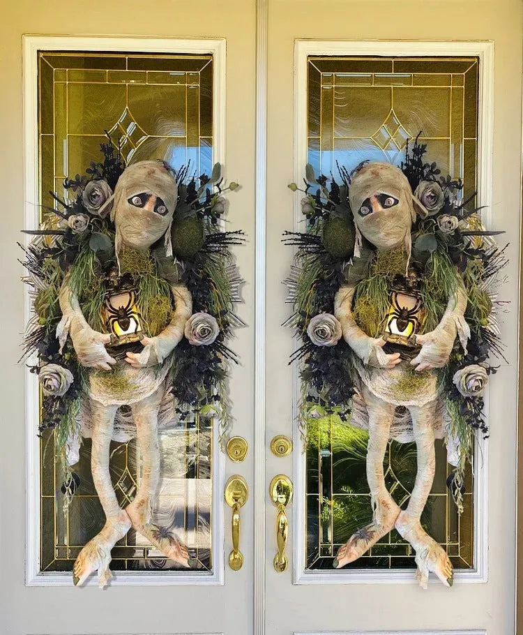 Mummy Halloween wreath with skeleton hands on a door, three dimensional plastic 46cm