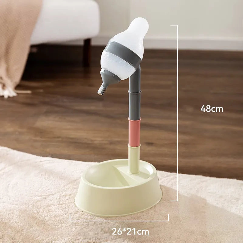 Green adjustable standing pet water dispenser with detachable pole and separate bowl on a stable base.