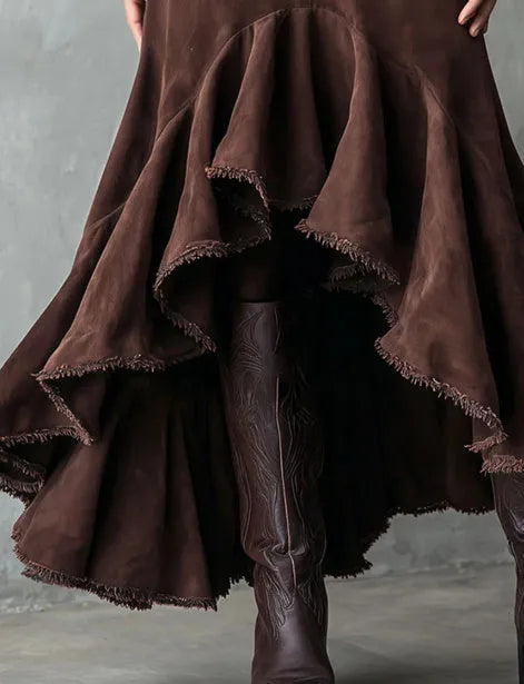 Western Brown High-Low Eco Suede Ruffle Maxi Skirt for Women