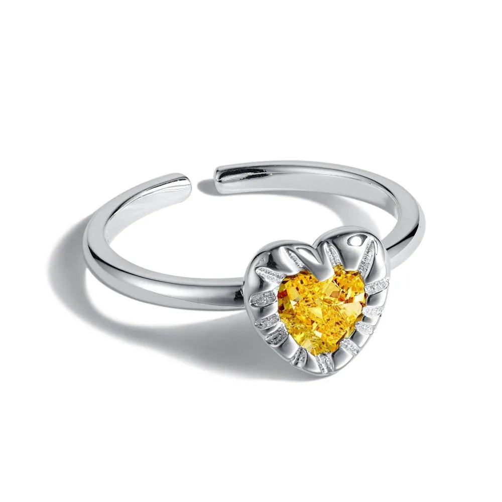 S925 sterling silver women's ring with yellow heart shaped face and adjustable open band, Korean style