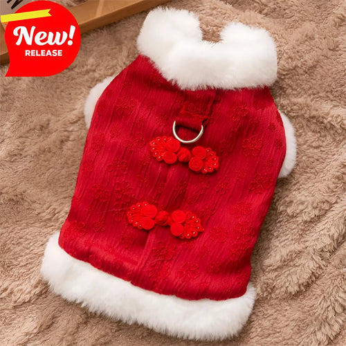 Red Chinese-style thermal cotton dog outfit for small breeds with festive New Year design