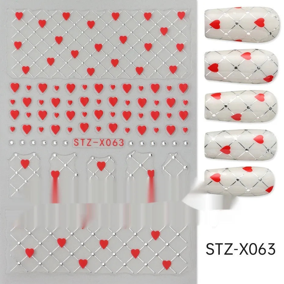 Cartoon-themed nail art sticker sheet with black and silver strip patterns and love motifs