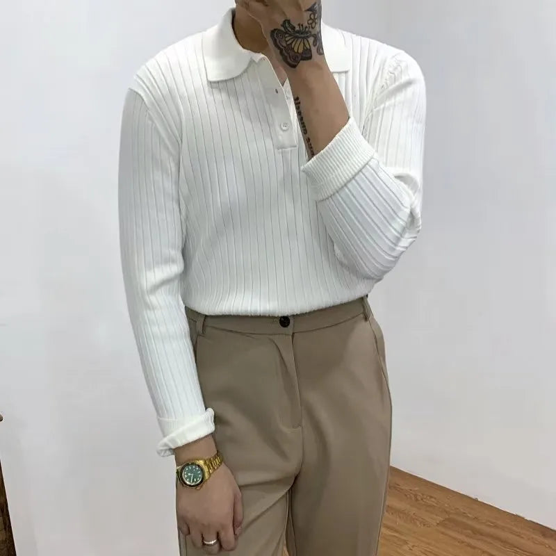 Men's slim fit waffle texture long sleeve knit polo shirt in dark green, front view