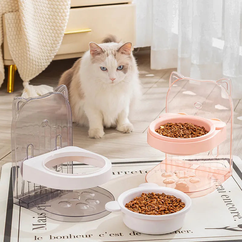 Grey cat feeding bowl with anti-spill design and adjustable height on removable hanging cage