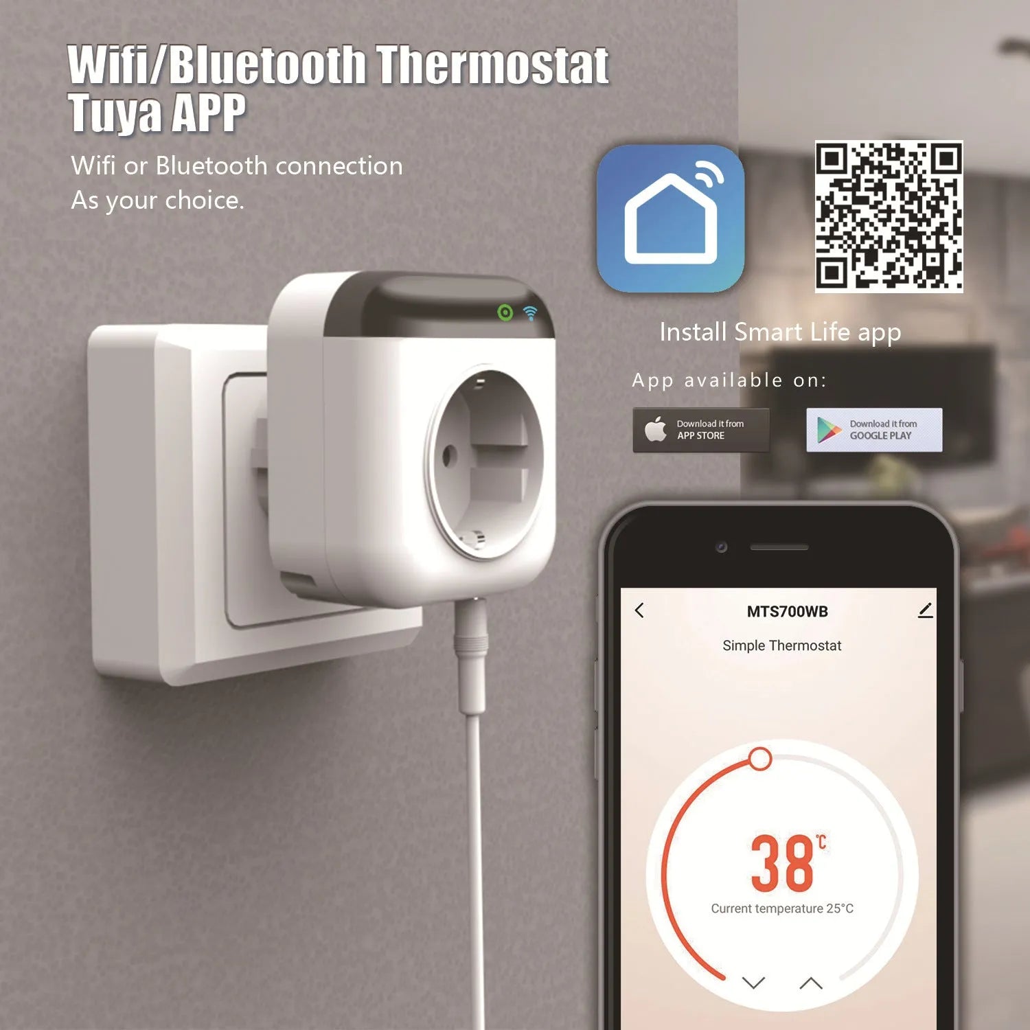 White Tuya WiFi smart temperature control switch socket with three-hole US electrical outlet and child safety protection
