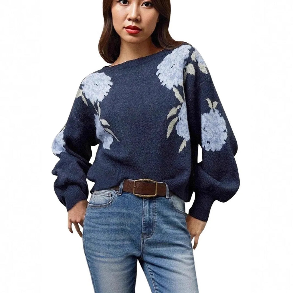 Sapphire blue women's off-neck pullover with a floral jacquard pattern and long sleeves.