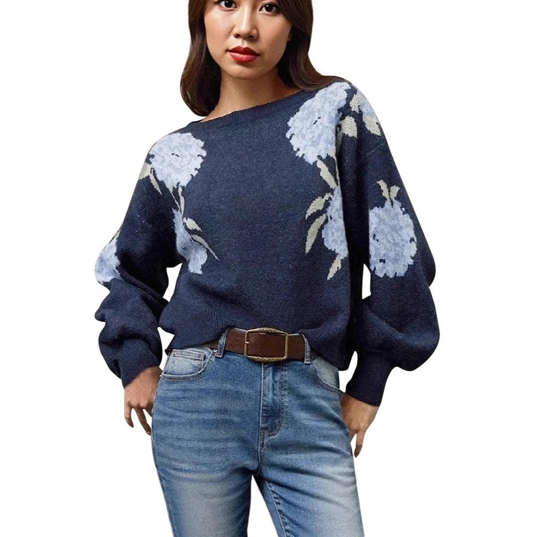 Sapphire blue women's off-neck pullover with a floral jacquard pattern and long sleeves.