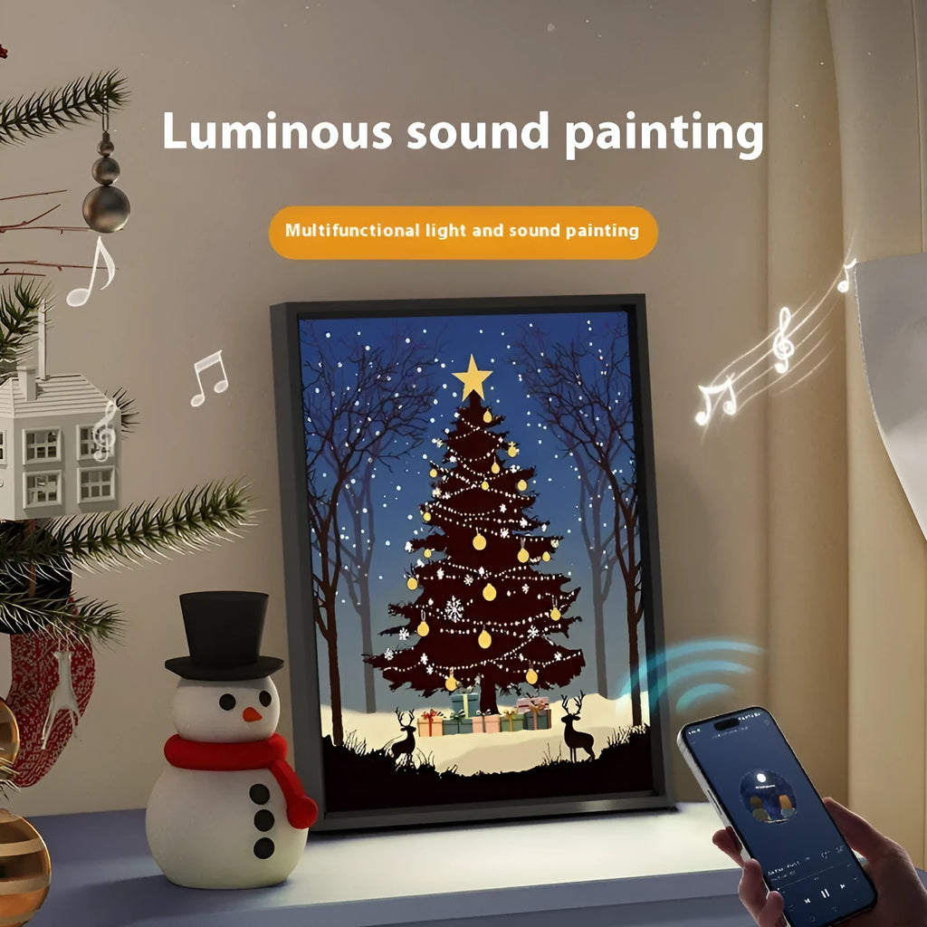 Luminous Bluetooth speaker Christmas tree painting with aluminium alloy frame, shining finish, 18x24cm USB desktop ornament