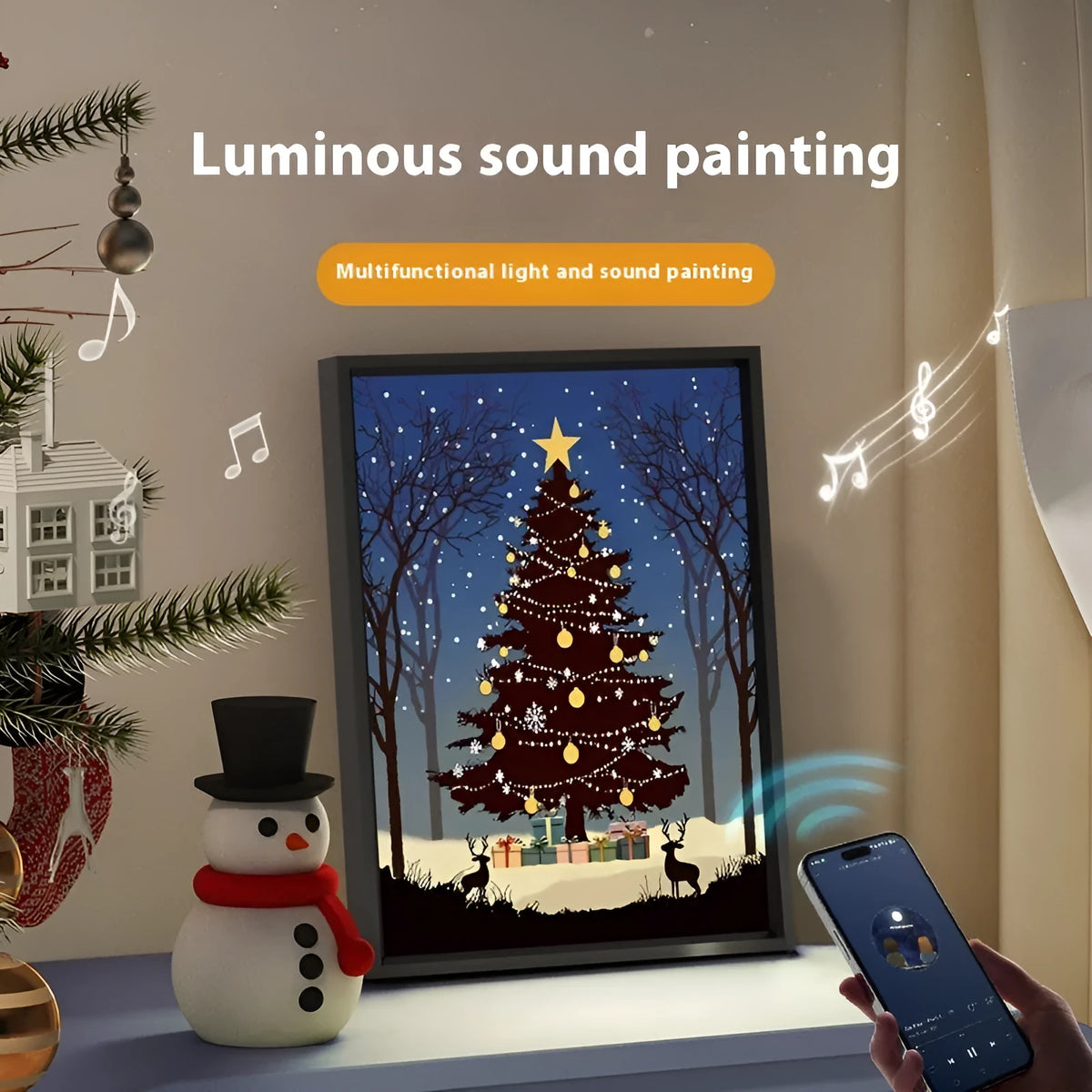 Luminous Bluetooth speaker Christmas tree painting with aluminium alloy frame, shining finish, 18x24cm USB desktop ornament