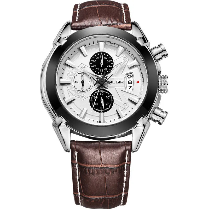 Men's multifunctional quartz watch with three-eye dial, luminous hands, waterproof case, 15mm thickness.