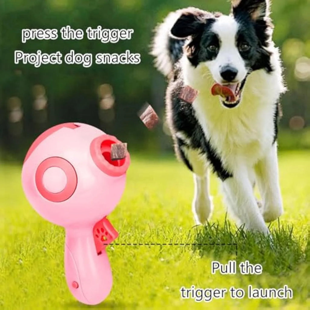 Green, orange, or pink dog treat launcher toy for interactive pet training and slow feeding