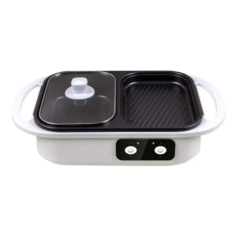 Green and white electric hot pot appliance with frying function on kitchen counter