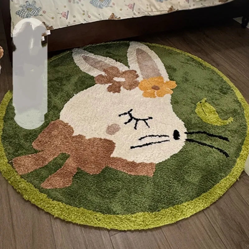 Round children's carpet with rabbit print, polyester, 80cm diameter, anti-slip, forest green
